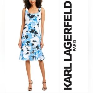 Karl Lagerfeld Blue & White Floral Print Ruffle Hem Sleeveless Sheath Sz 2
